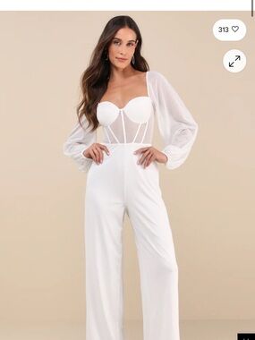 Lulus Magnetic Glamour White Balloon Sleeve Mesh Bustier Jumpsuit